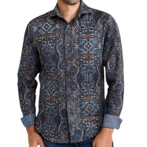 Jermyn & Bond Modern Fit Baroque Print Sport Shirt Small Blue